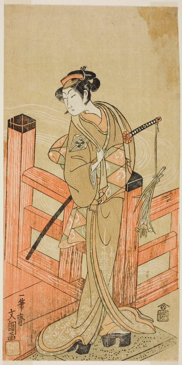 A színész, Nakamura Matsue I, mint Tsuchiya Umegawa, Oyodo (?) női szumóbirkózóként álcázott Naniwa no Onna-zumo (?) színdarabban, a Nakamura Színházban (?) a hatodik hónapban, 1770 (?) alkotó: Ippitsusai Bunchō