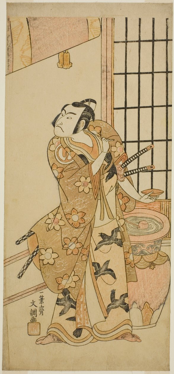 A színész, Sawamura Sojuro II Kudo Suketsune (?) szerepében az Edo no Hana Wakayagi Soga (?) színdarabban, amelyet az Ichimura Színházban (?) mutattak be a második hónapban, 1769 (?) alkotó: Ippitsusai Bunchō
