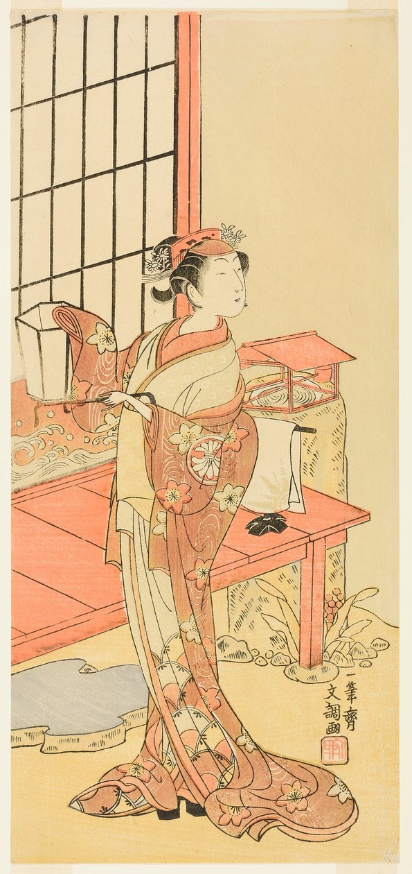 A színész, Segawa Kikunojo II, valószínűleg mint Ayaori hercegnő az Ima o Sakari Suehiro Genji (A Genji klán most a zenitjén) című darabban, a Nakamura Színházban a tizenegyedik hónap első napjától, 1768. alkotó: Ippitsusai Bunchō