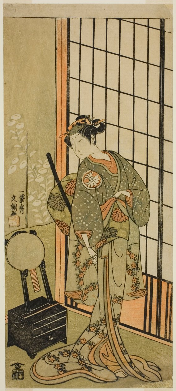 A színész Segawa Kikunojo II, mint Hitomaru hercegnő (Hitormaru Hime) (?) a Soga Moyo Aigo no Wakamatsu (?) című darabban, amelyet a Nakamura Színházban (?) mutattak be az első hónapban, 1769 (?) alkotó: Ippitsusai Bunchō