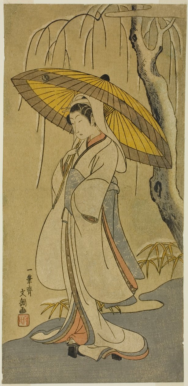 A színész, Segawa Kikunojo II, mint a gémlány az "Izu pamutvatta a házassági krizantémok védelmében (Myoto-giku Izu no Kisewata)" című darabban, amelyet az Ichimura Színházban 1770. tizenegyedik hónapjának első napjától mutattak be. alkotó: Ippitsusai Bunchō
