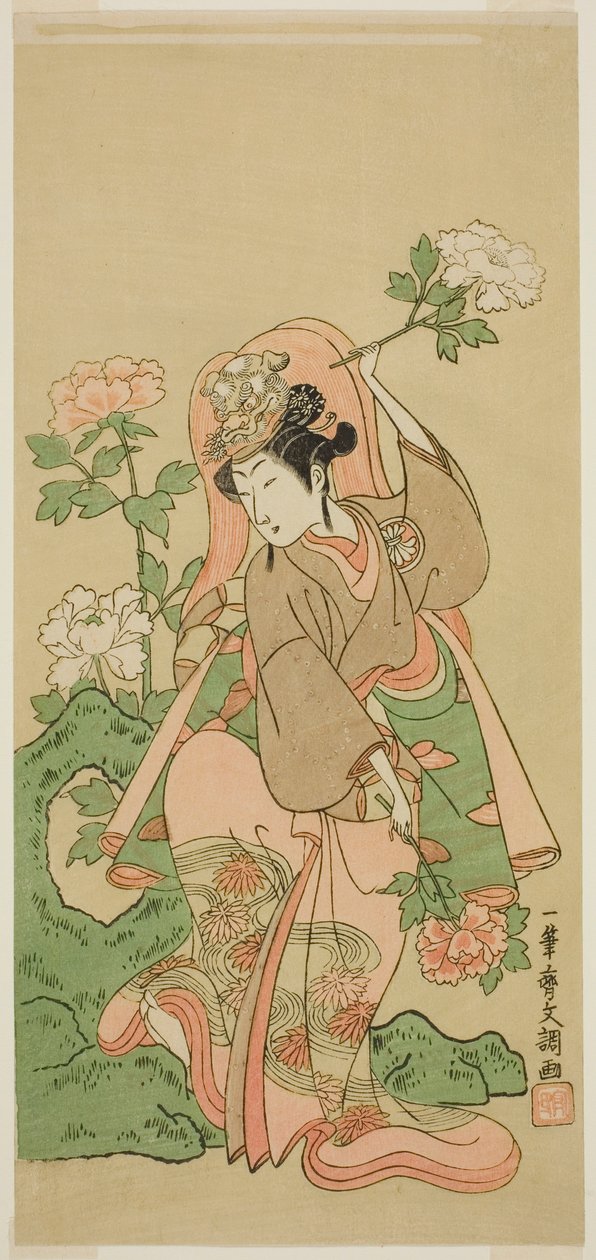 A színész Segawa Kikunojo II a Shakkyo táncban a Soga Moyo Aigo no Wakamatsu című darabban, a Nakamura Színházban a második hónapban, 1769 alkotó: Ippitsusai Bunchō