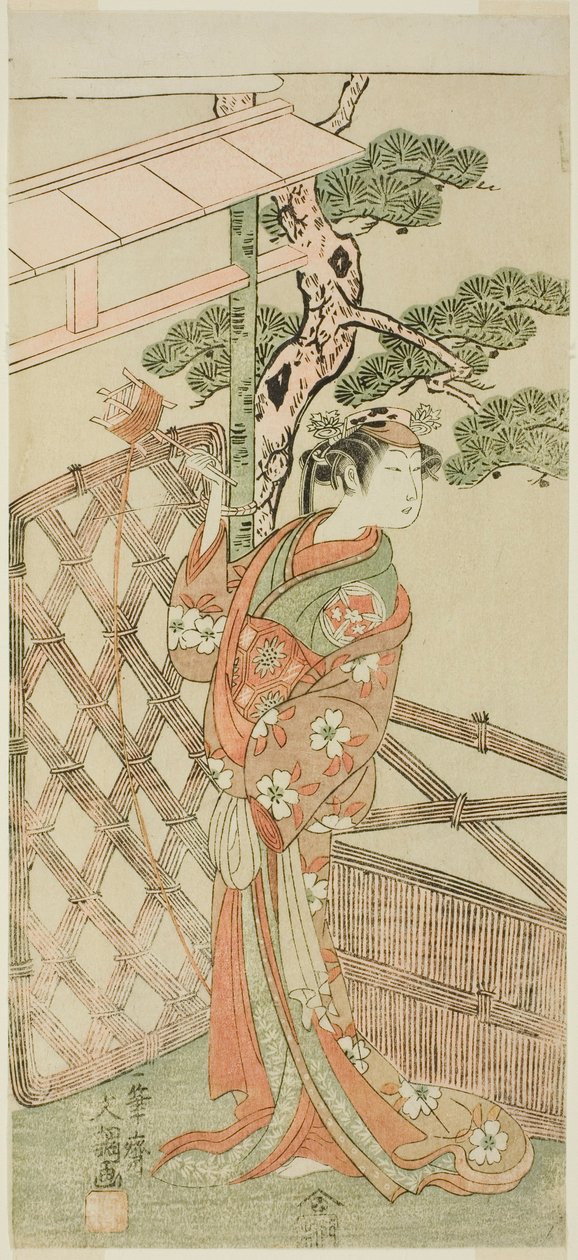 A színész Yamashita Kinsaku II Moshio, Ito Sukekiyo felesége szerepében az Izu-goyomi Shibai no Ganjitsu című darabban, amelyet a Morita Színházban mutattak be a tizenegyedik hónapban, 1772 alkotó: Ippitsusai Bunchō