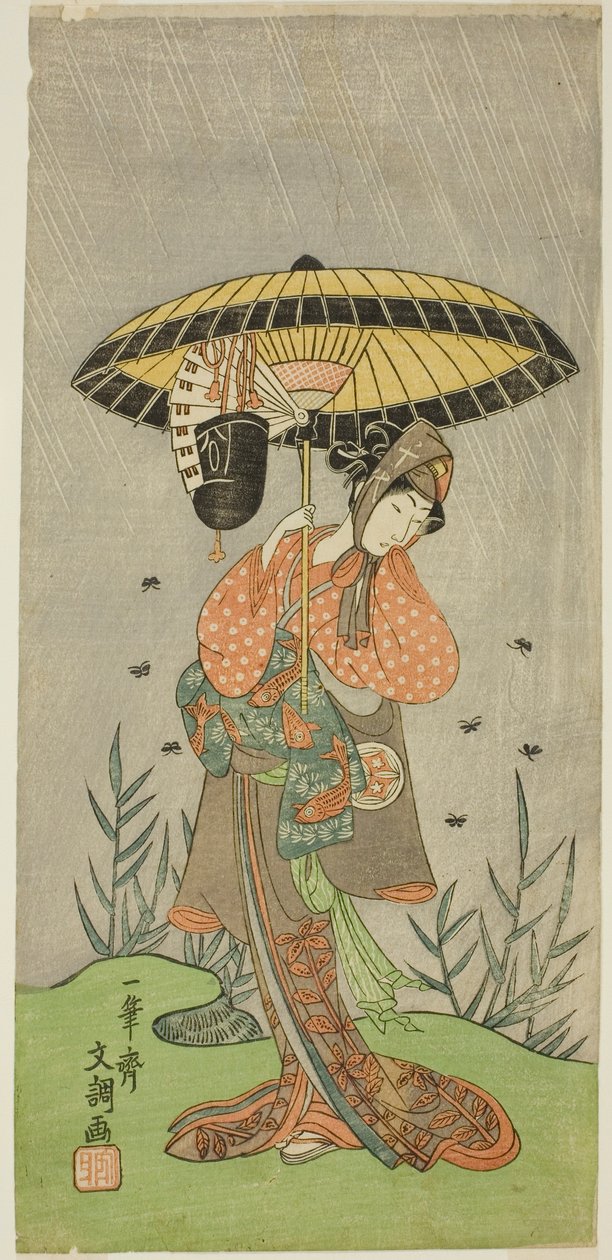 A színész Yamashita Kinsaku II Nijo no Kisaki (?) szerepében a Natsu Matsuri Naniwa Kagami (?) című darabban, a Morita Színházban (?) a hetedik hónapban, 1770 (?) alkotó: Ippitsusai Bunchō