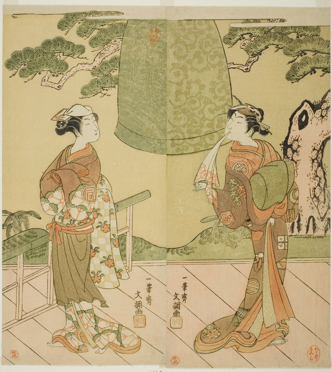 A színészek Ichimura Uzaemon IX Shume no Hangan Morihisaként (jobbra), Sanogawa Ichimatsu II pedig Chujoként (balra), az Edo no Hana Wakayagi Soga című darabban, amelyet az Ichimura Színházban mutattak be a második hónapban, 1769 alkotó: Ippitsusai Bunchō