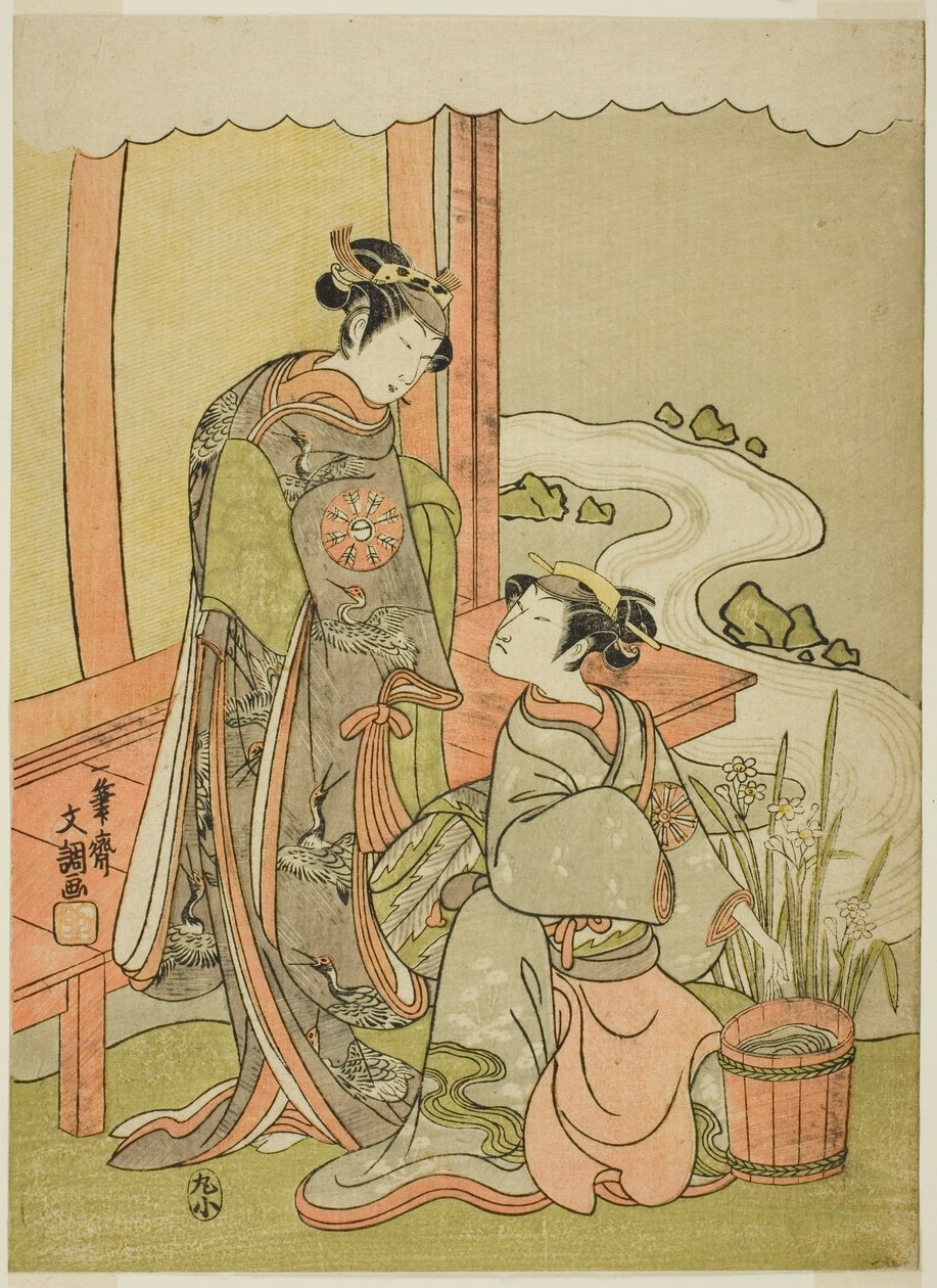 A színészek Nakamura Tomijuro I, mint Enju, Shirbyoshi Gio-nak álcázva (jobbra), és Nakamura Noshio I Gooként Hotoke Gozennek álcázva (balra), a Miyako-zome Gio Katsugi című darabban, amelyet a Morita Színházban mutattak be a tizenegyedik hónapban, 1770 alkotó: Ippitsusai Bunchō
