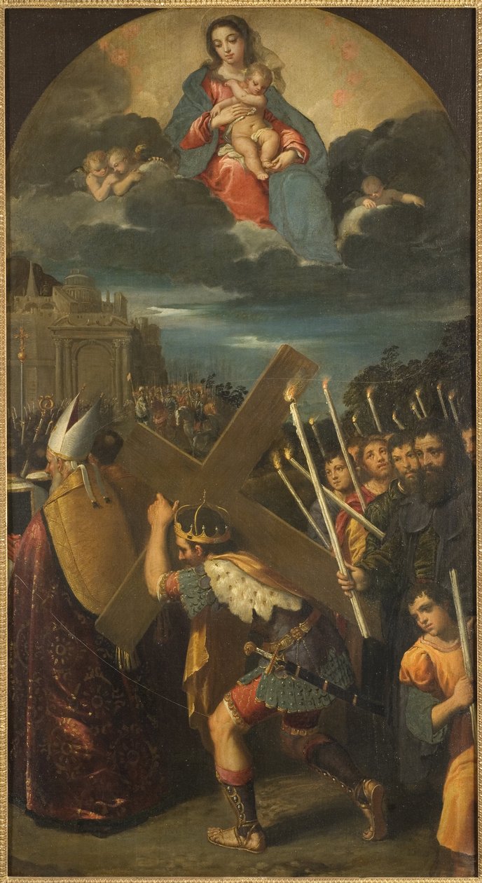 I. Heraclius (vers 575-641) rapporte la Vraie Croix a Jerusalem – Heraclius császár visszaküldi az igaz keresztet Jeruzsálembe, Scarsellino (Scarsella), Ippolito (1551-1620) által. Olajfestmény. Mérete: 181x101 cm. Nemzeti Múzeum Stockholm alkotó: Ippolito Scarsella