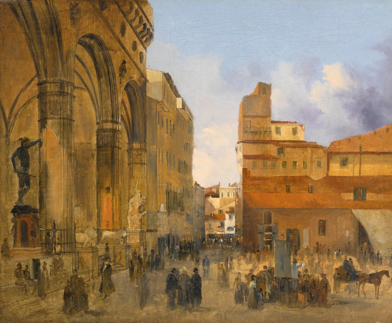 Firenze, a Piazza della Signoria látképe, balra a Loggia dei Lanzi épületével alkotó: Ippolito Caffi