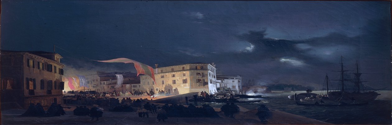 Olaszország, Éjszakai Fesztivál San Pietro di Castelloban, egy sziget a velencei lagúnában, Ippolito Caffi, olaj, vászon, alkotó: Ippolito Caffi