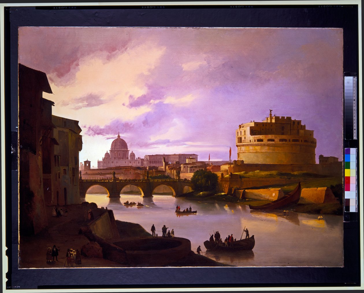Pár: Szent Péterrel a háttérben, a Colosseum látképe. alkotó: Ippolito Caffi