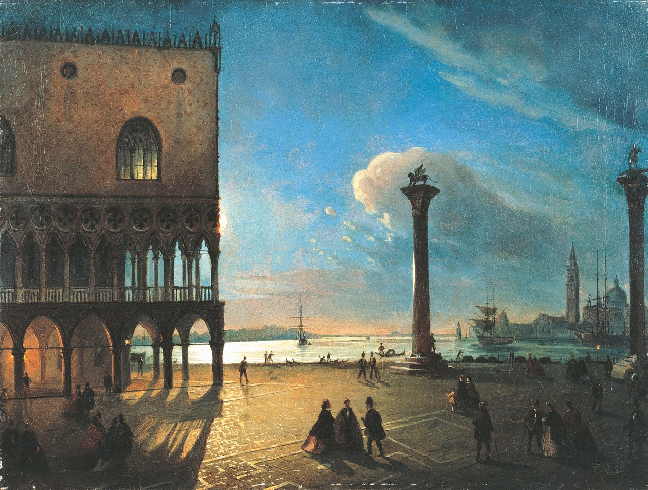 Piazzetta San Marco holdfényben, Velence, Ippolito Caffi (1809-1866), olaj, vászon, 52x70 cm alkotó: Ippolito Caffi