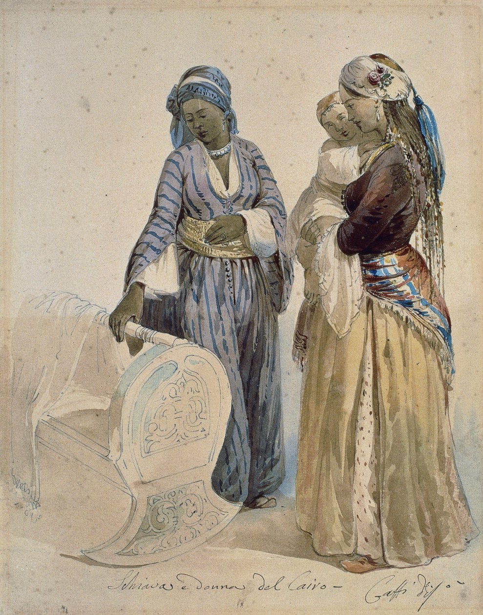 Kairói rabszolga és nő, Ippolito Caffi (1809-1866) akvarellrajza alkotó: Ippolito Caffi