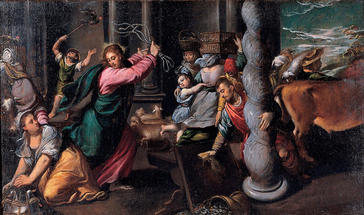 Le Christ chassant les marchands du temple - Krisztus kiűzi a pénzkölcsönzőket a templomból - Ippolito Scarsellino (Scarsella) festménye (1551-1620), Olaj, vászon 1580-1585 (68x116 cm) - Musei Capitolini, Róma alkotó: Ippolito Scarcella