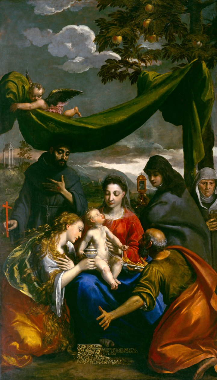Szűz és gyermek a szentekkel Mária Magdolnával, Péterrel, Klárával, Ferenccel és egy apátnővel, 1600 körül alkotó: Ippolito Scarsella