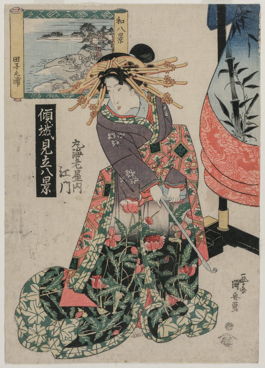 Maruebiya udvarhölgye, kilátással a Tago-öbölre..., c. 1820-as évek vége vagy 1830-as évek eleje. alkotó: Ipposai Kuniyasu