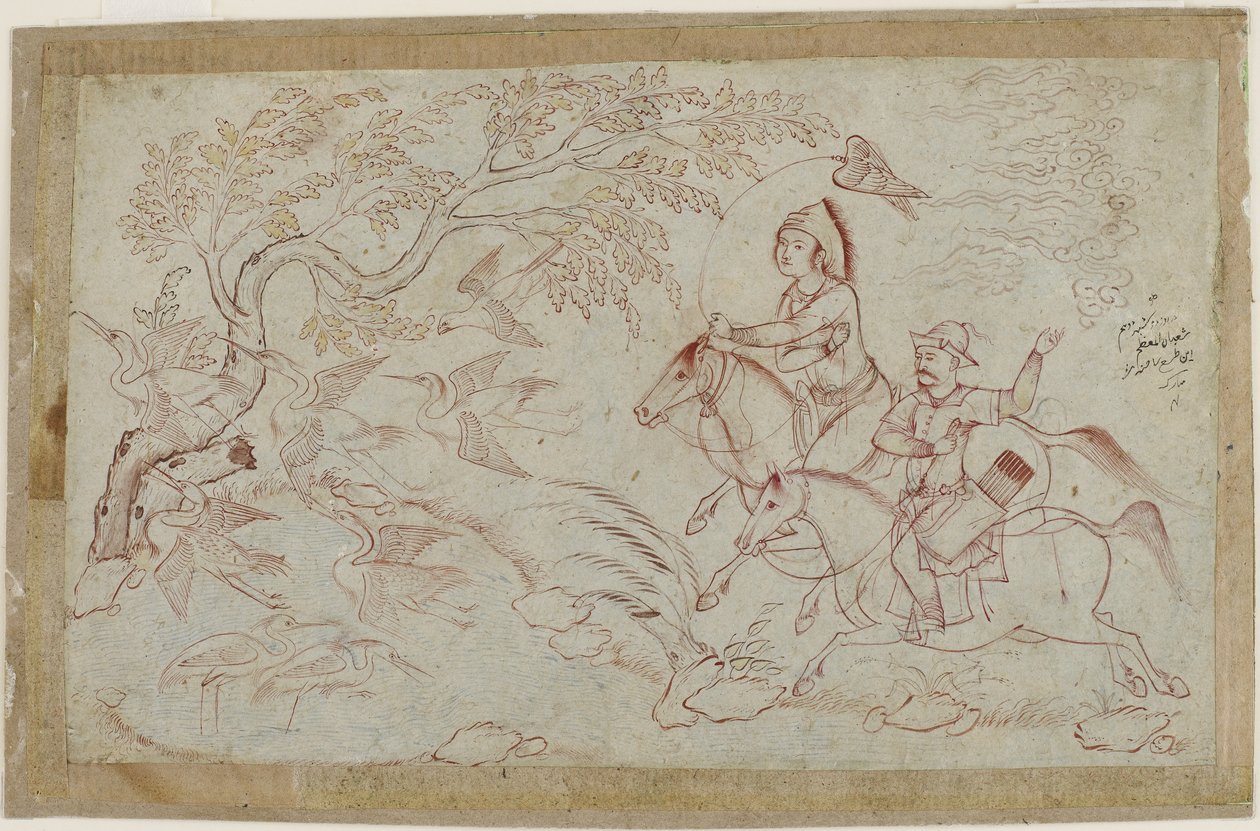 Két lovas sólyomra vadászva, 1640-es évek alkotó: Iranian School