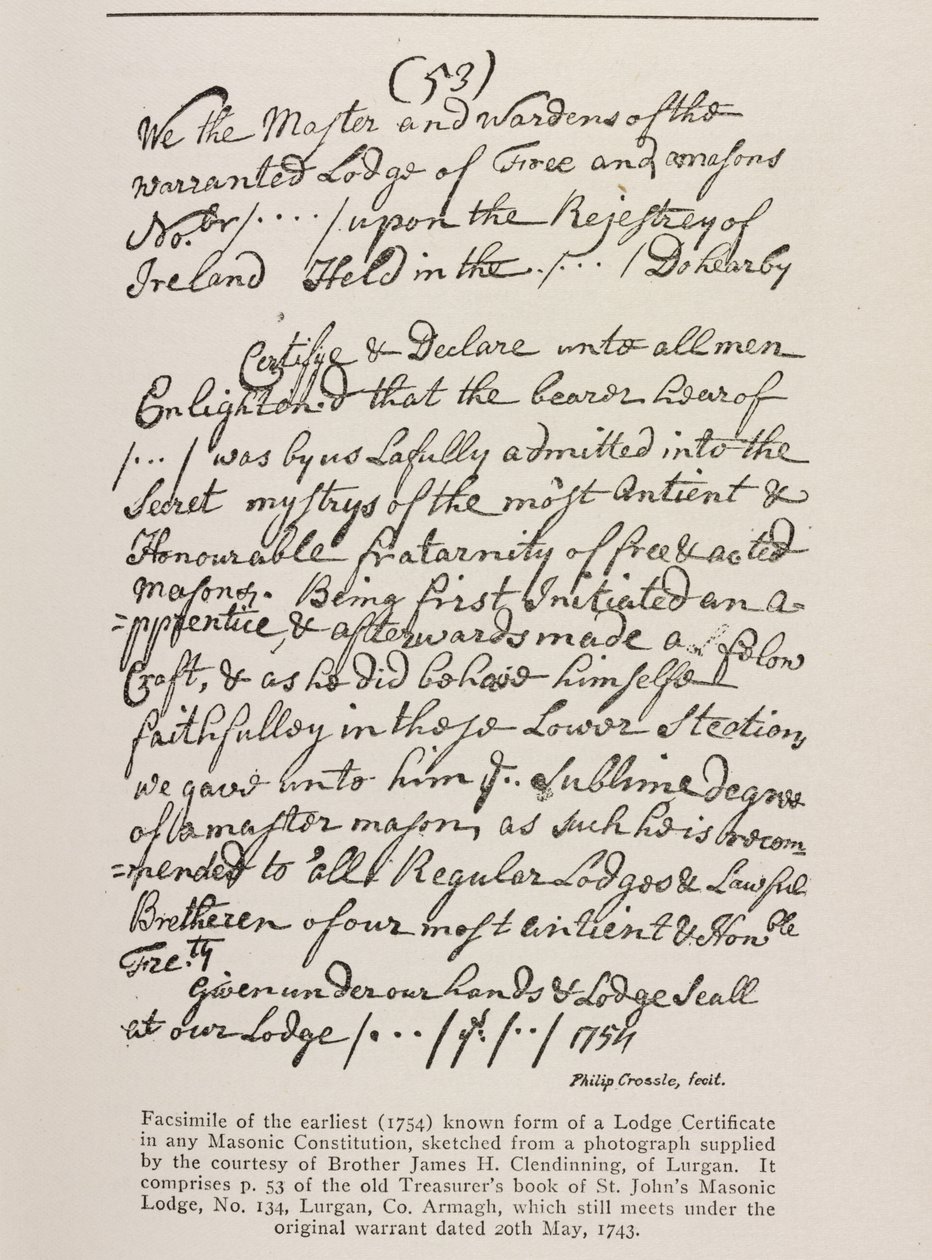 A legkorábbi ismert oklevél (ír) pecséttel a nagypáholyból, 1762 alkotó: Irish School