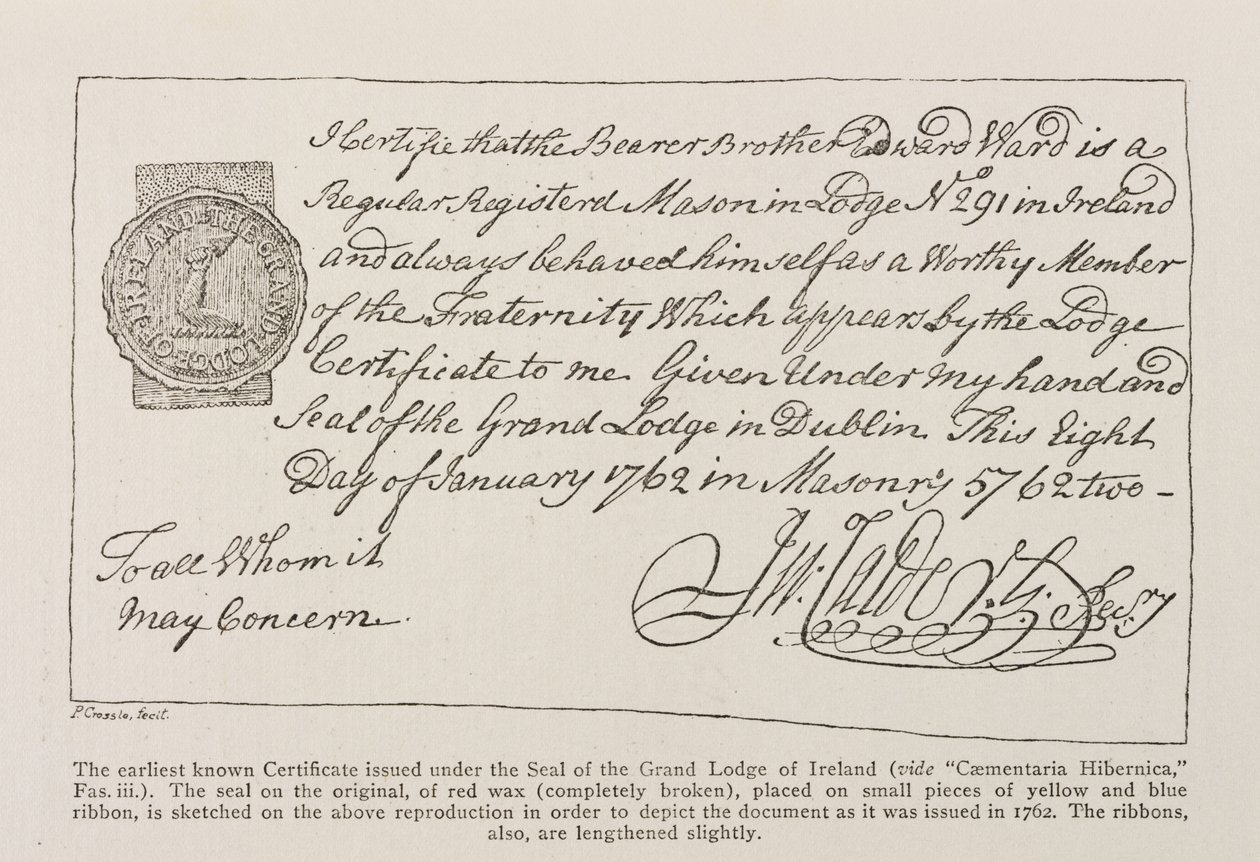 Az ír nagypáholy pecsétje alatt kiállított, 1762-ben kelt legkorábbi ismert oklevél fakszimile alkotó: Irish School
