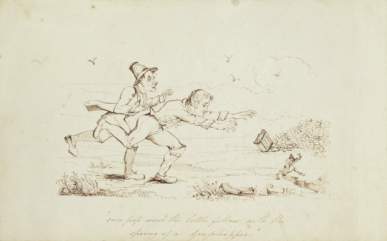 Over Pop Went the Little Fellow with the Spring of a Grasshopper, könyvillusztráció: Két ír manót üldöz, 19. század (toll és tinta papíron) alkotó: Irish School