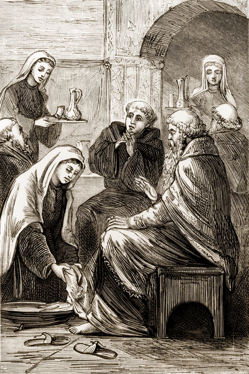 Szent Brigit egy püspököt szórakoztat a Trias Thaumaturga, avagy Írország három csodatevő szentje című filmből, Mary Cusack (1829-99) 1890-es évek körüli kiadásában alkotó: Irish School