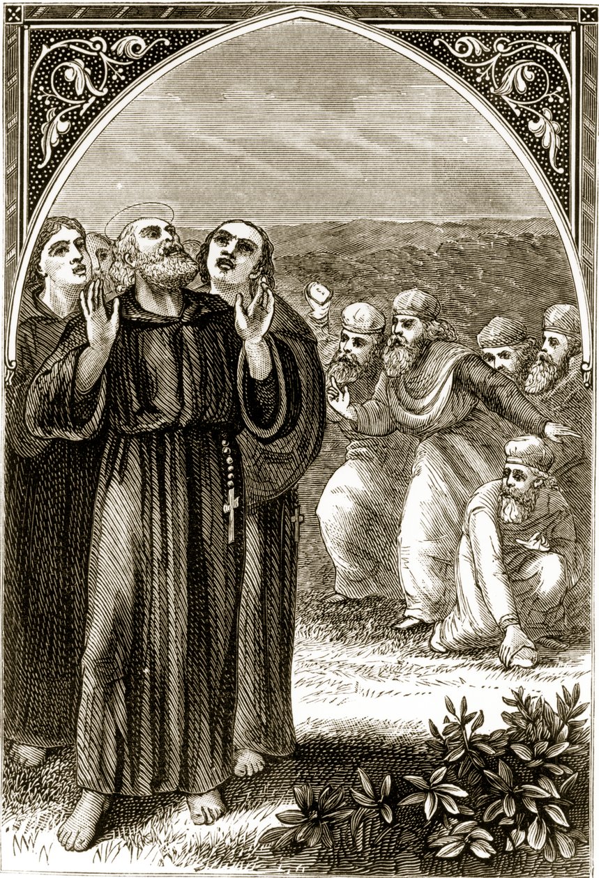 A druidák által kántáló és a druidák által megtámadt Szent Kolumbát Mary Cusack (1829-99) A Trias Thaumaturga, avagy Írország három csodatevő szentje című művéből, az 1890-es évek körül megjelent alkotó: Irish School