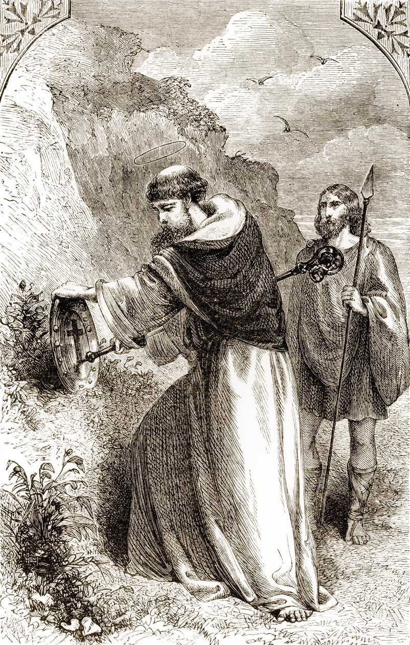 Szent Patrik, aki Connals pajzsát a kereszttel jelöli, a Trias Thuamaturga vagy Írország három csodatevő szentje című művéből, Mary Cusack (1829-99) az 1890-es évek körül megjelent alkotó: Irish School