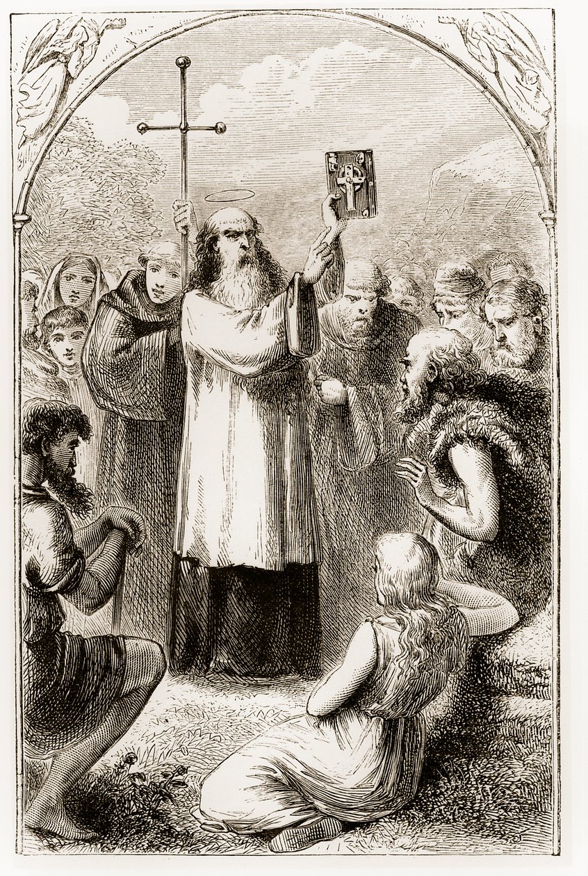 Szent Patrik, aki az 1890-es évek körül megjelent Mary Cusack (1829-99) The Trias Thaumaturga-ból vagy Írország három csodatevő szentjéből mutatja be az ír népnek a négy evangéliumot alkotó: Irish School