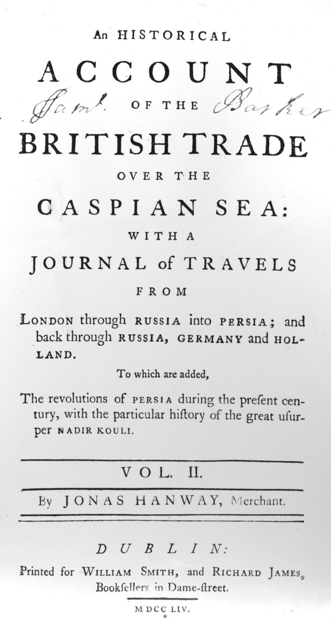Címlap a Kaszpi-tengeren átívelő brit kereskedelem történetéről, Jonas Hanway utazási naplójával, 1754 alkotó: Irish School