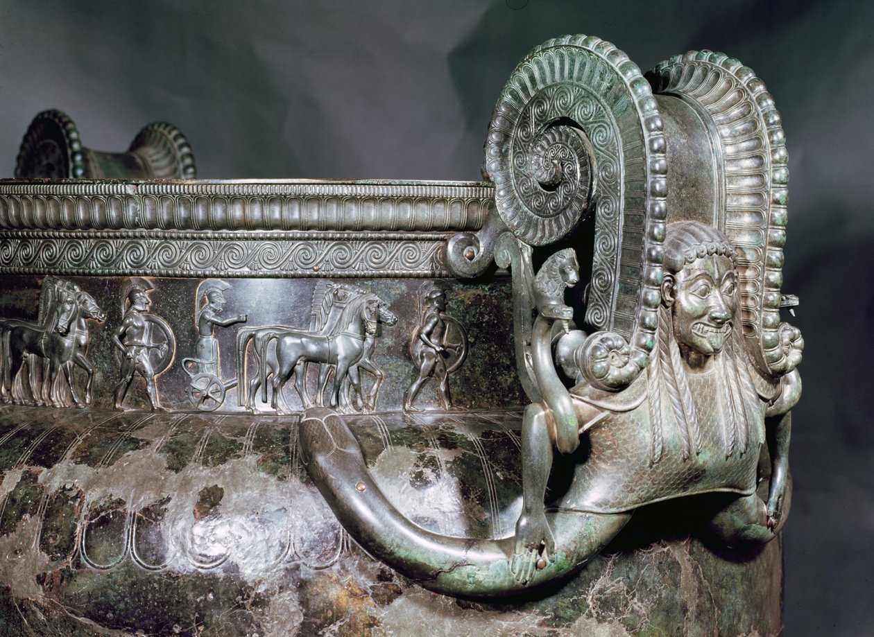 A gorgon nyél részlete egy kráterből, a Vix hercegnőjének sírjából bronzból alkotó: Iron Age