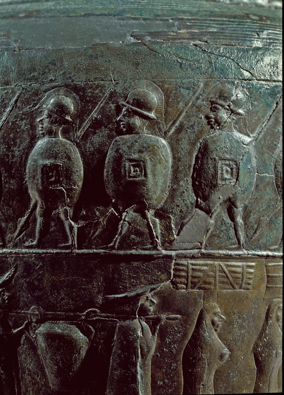 Őskori művészet: harcosok részlete. Situla, bronzpixid Kr.e. 500-ból (vaskor) a certosai nekropoliszból. Homályos. 32 cm Bologna, Civico Museo Archeologico alkotó: Iron Age