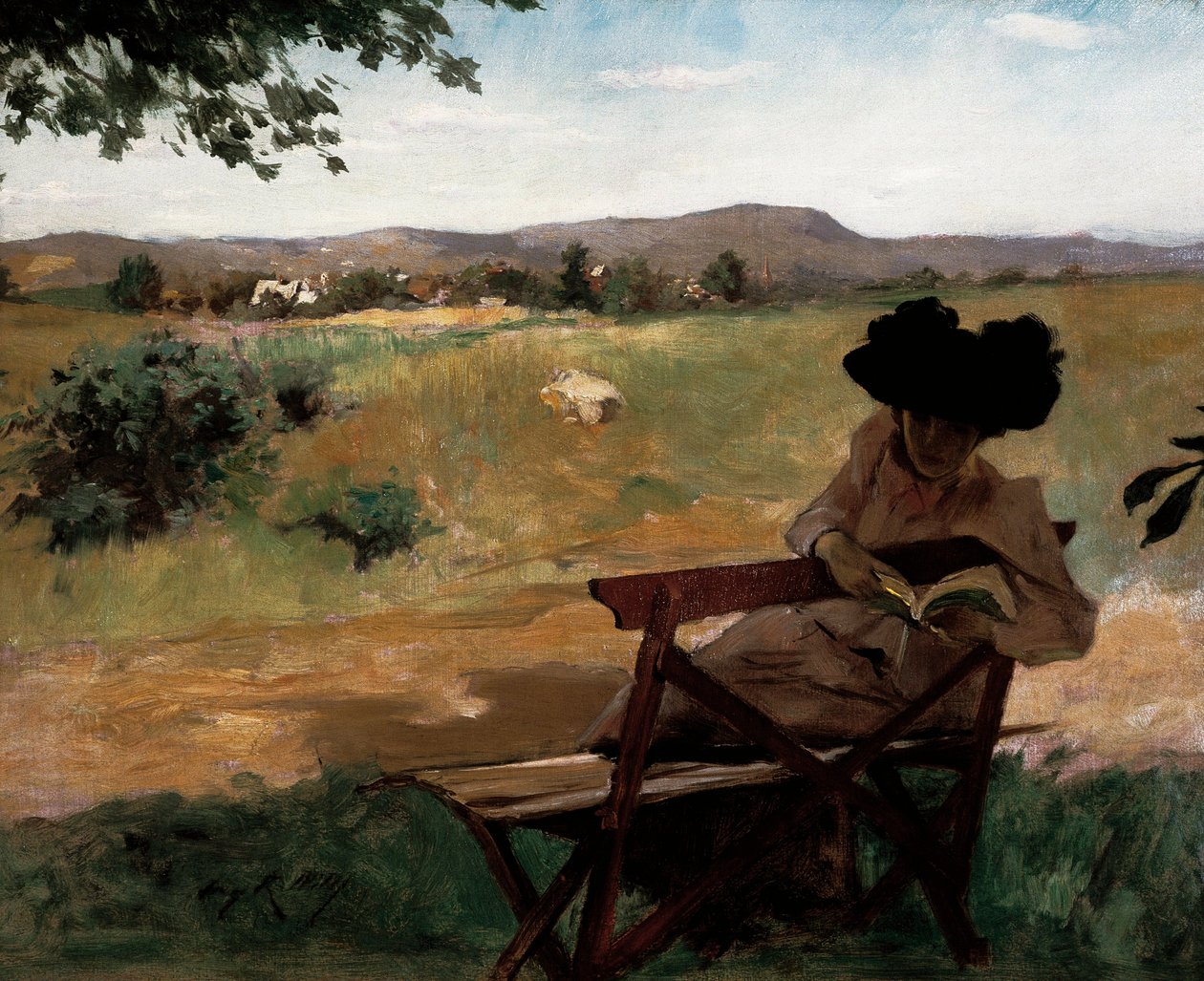 Nő ül egy padon és olvas alkotó: Irving Ramsay Wiles