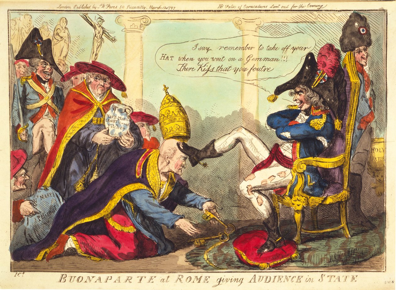 Buonaparte Rómában közönséget ad az államban, kocsmában. 1797 (kézzel színezett metszet) alkotó: Isaac Cruikshank