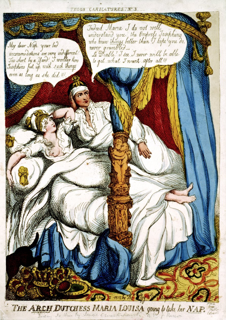 „Maria Louisa főhercegnő szundikálni fog” karikatúra Napóleon és Maria Louisa házasságáról, 1810. április 12-én. alkotó: Isaac Cruikshank