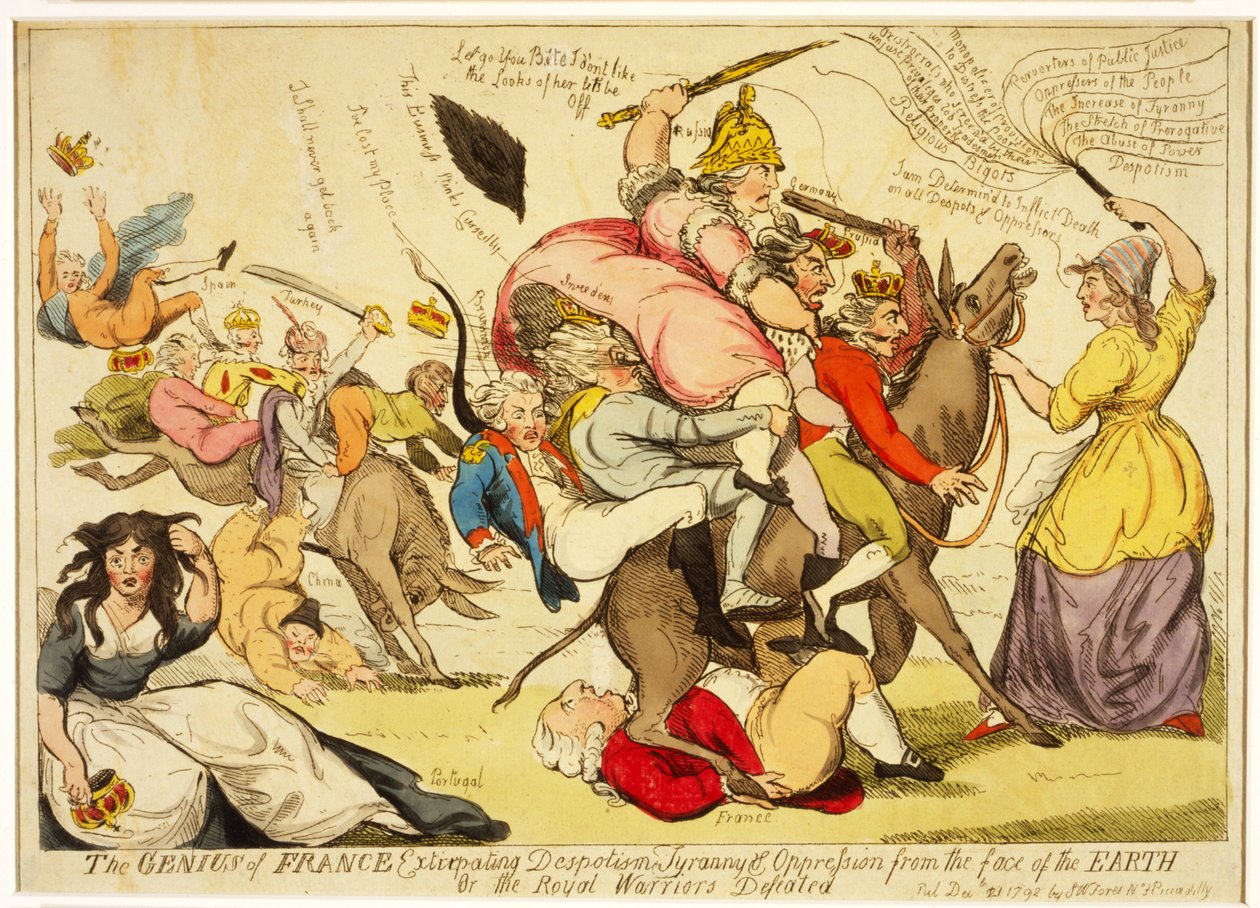 Franciaország géniusza kiirtja a despotizmust, Zsarnokság és elnyomás a Föld színéről Avagy a királyi harcosok legyőzve, kocsma. 1792 (kézzel színezett rézkarc) alkotó: Isaac Cruikshank