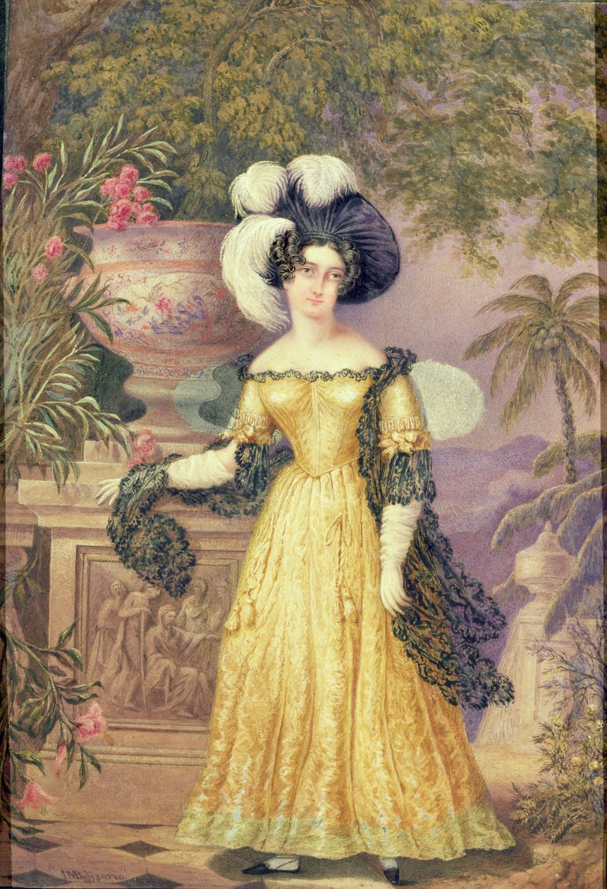 Lady Rowe, kis hosszában egy teraszon állva, mögötte holdfényes jamaicai táj alkotó: Isaac Mendes Belisario