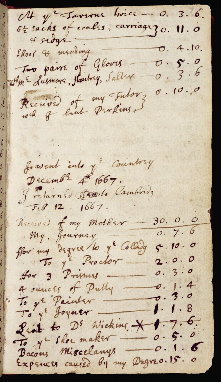 Ms 1-1936 f.7r Oldal egy jegyzetfüzetből, amely Newton optikával kapcsolatos gondolatait és háztartási számláit tartalmazza, 1665-68 körül (tinta, papír) alkotó: Isaac Newton
