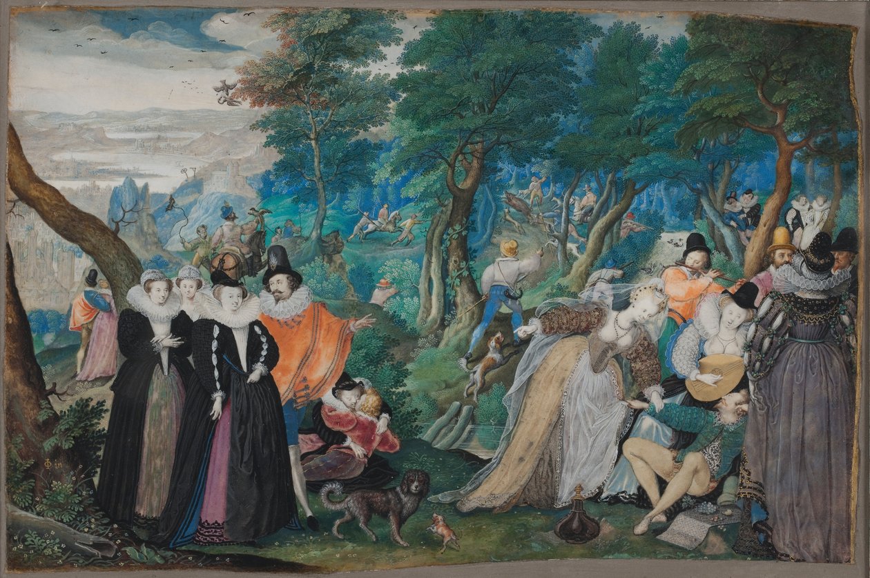 Buli a szabadban. Allegória a házastársi szerelemről, 1590-1595 körül (gouache és akvarell, kartonra ragasztott pergamen). alkotó: Isaac Oliver