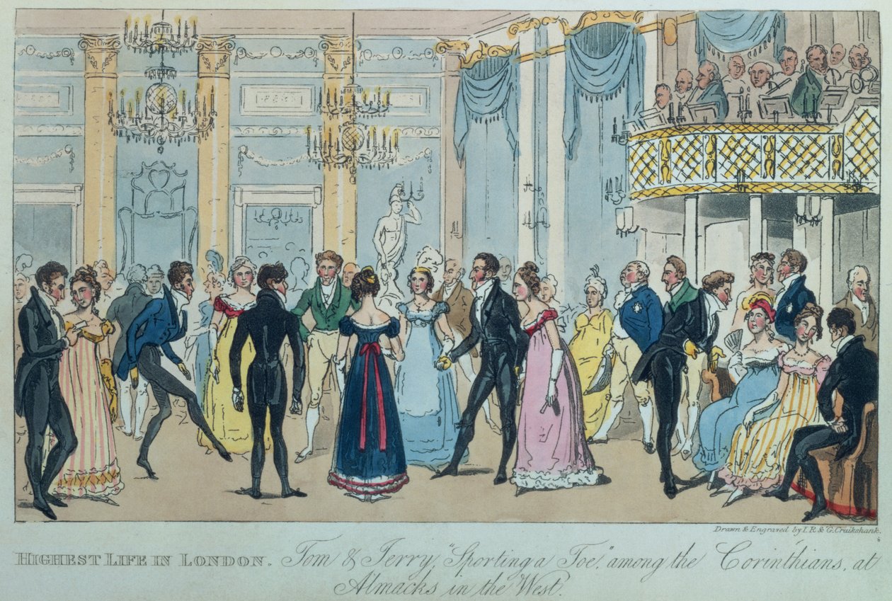 A legmagasabb élet Londonban: Pierce Egan "Life in London" című művéből, 1821 (színes akvatinta). alkotó: Isaac, Robert and George Cruikshank