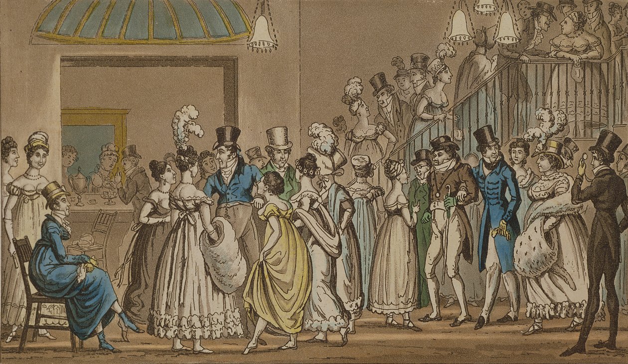 A Covent Garden Színház előcsarnokában, Pierce Egan „Life in London” című művéből, 1821-22 (színes akvatinta) alkotó: Isaac, Robert and George Cruikshank
