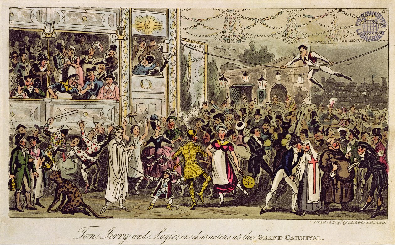 Tom, Jerry és Logic karakterek a nagy karneválon, Pierce Egan „Life in London” című művéből, 1821 (színes akvatinta) alkotó: Isaac, Robert and George Cruikshank