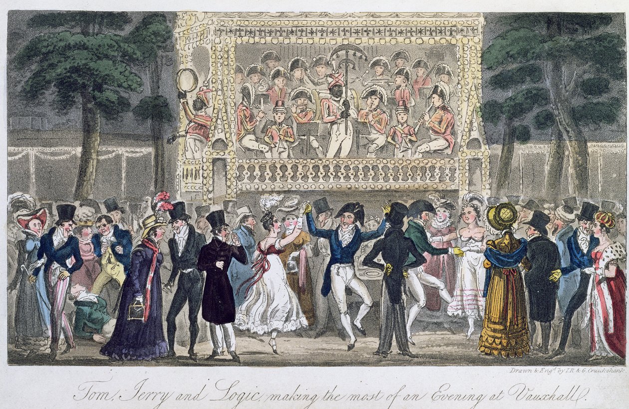 Tom, Jerry és Logic a Vauxhallban töltött estét élvezik, Pierce Egan "Life in London" című művéből, 1821 (színes akvatinta). alkotó: Isaac, Robert and George Cruikshank