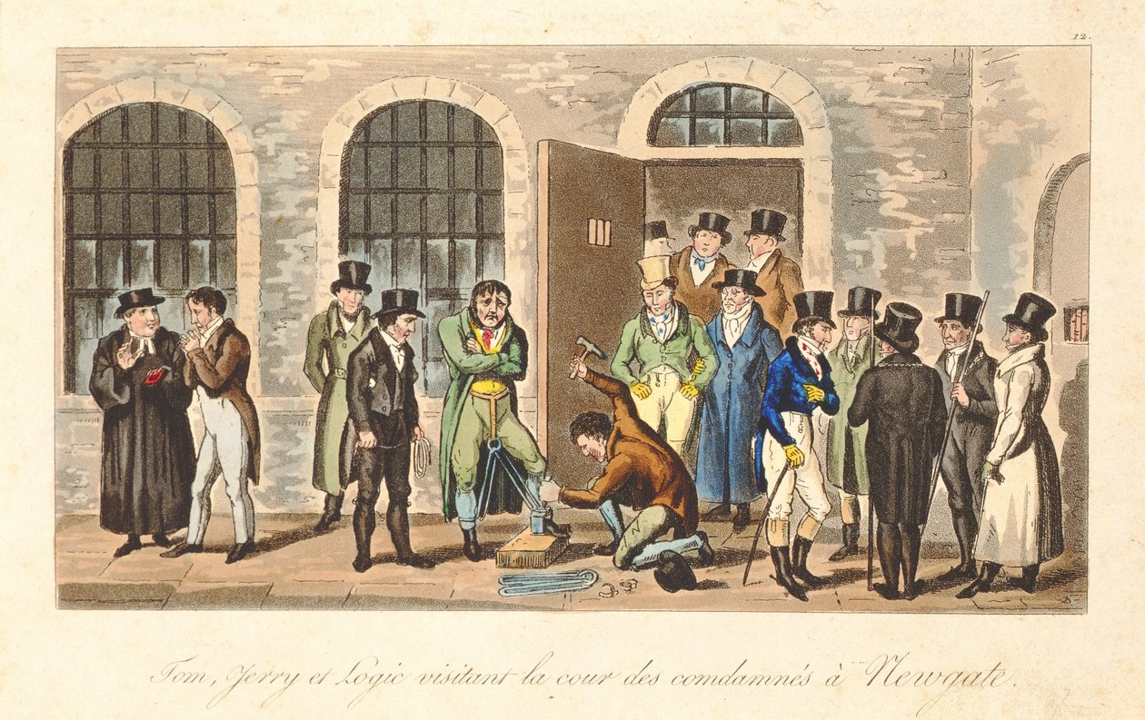 Tom, Jerry és Logic elítélt rabokat látogat meg a Newgate-i börtönben, Pierce Egan „Life in London” című művéből, 1821-22 (színes akvatinta) alkotó: Isaac, Robert and George Cruikshank