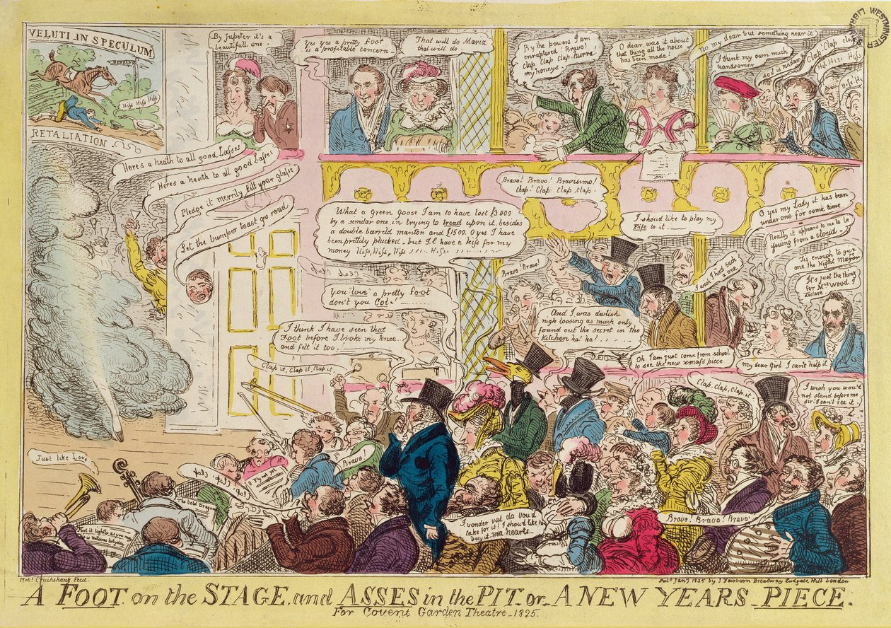 Láb a színpadon és szamarak a gödörben, avagy Újévi darab a Covent Garden Theatre számára, 1825, kocsma. J. Fairburn, 1825. január 9. (színes rézkarc) alkotó: Isaac Robert Cruikshank