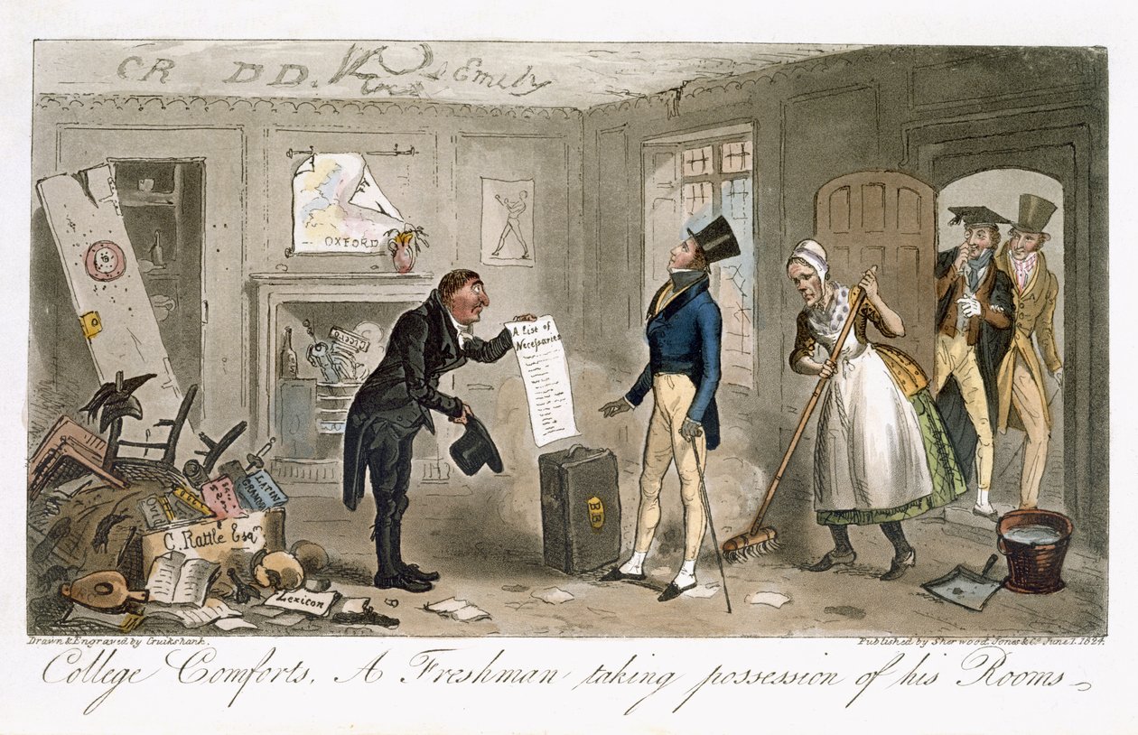 College Comforts, Egy gólya birtokba veszi szobáit, Charles Molloy Westmacott (1788-1868) „Az angol kém” című könyvéből, Londonban, 1825-ben. alkotó: Isaac Robert Cruikshank