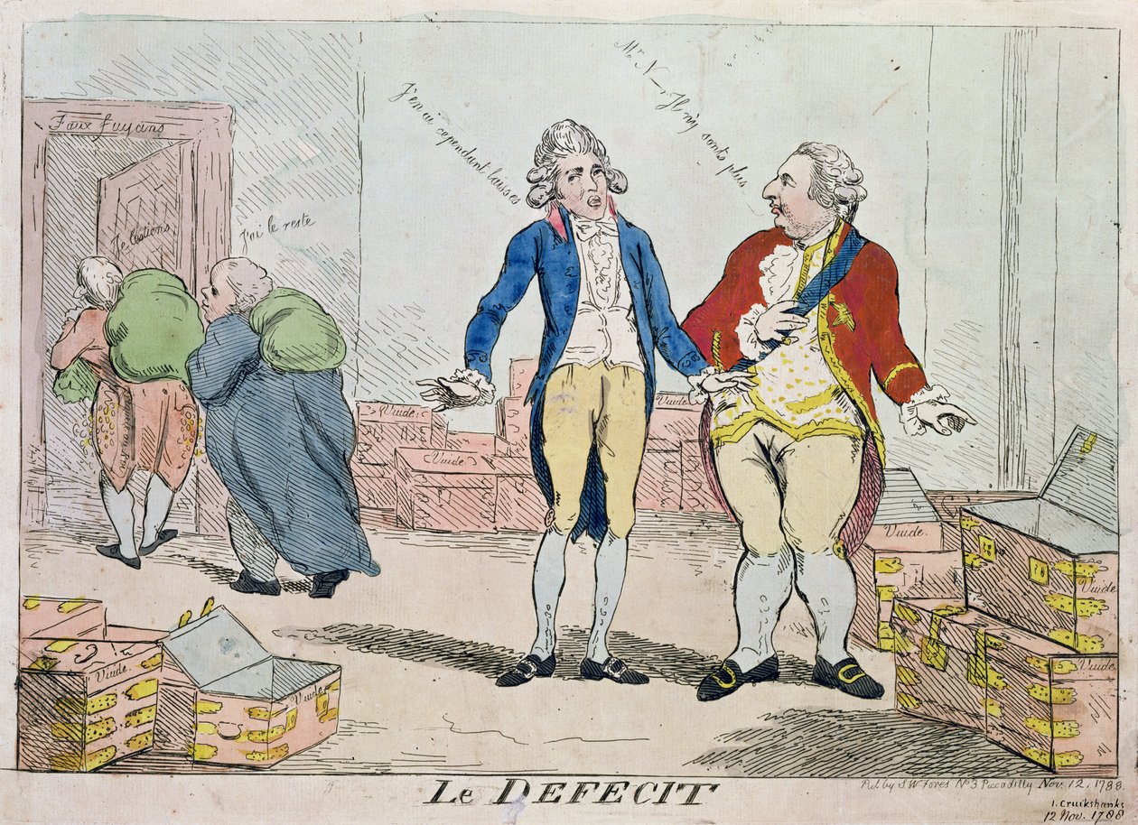 Le Deficit, 1788 (színes rézkarc) alkotó: Isaac Robert Cruikshank