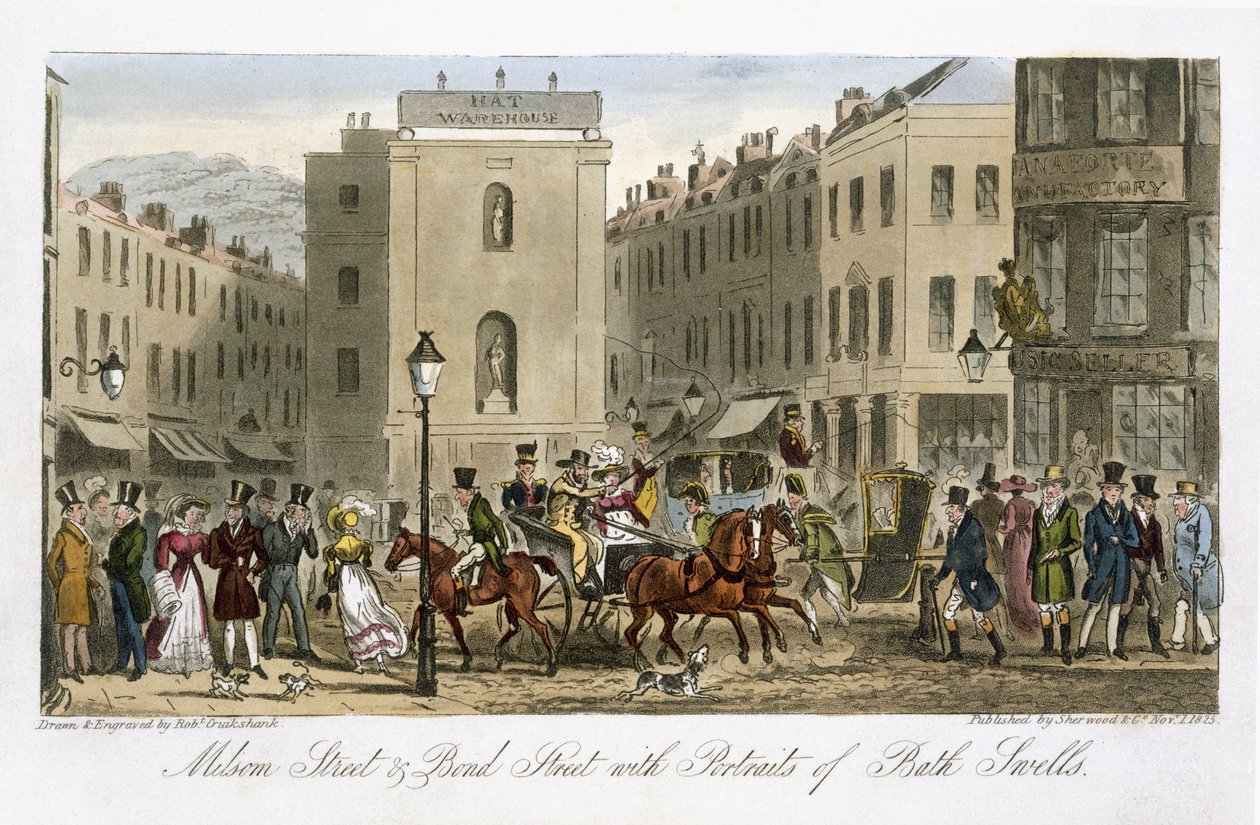 Milsom Street und Bond Street Bath Swells portréival, Charles Molloy Westmacott (1788-1868) „Az angol kém” című művéből, London, 1825 alkotó: Isaac Robert Cruikshank