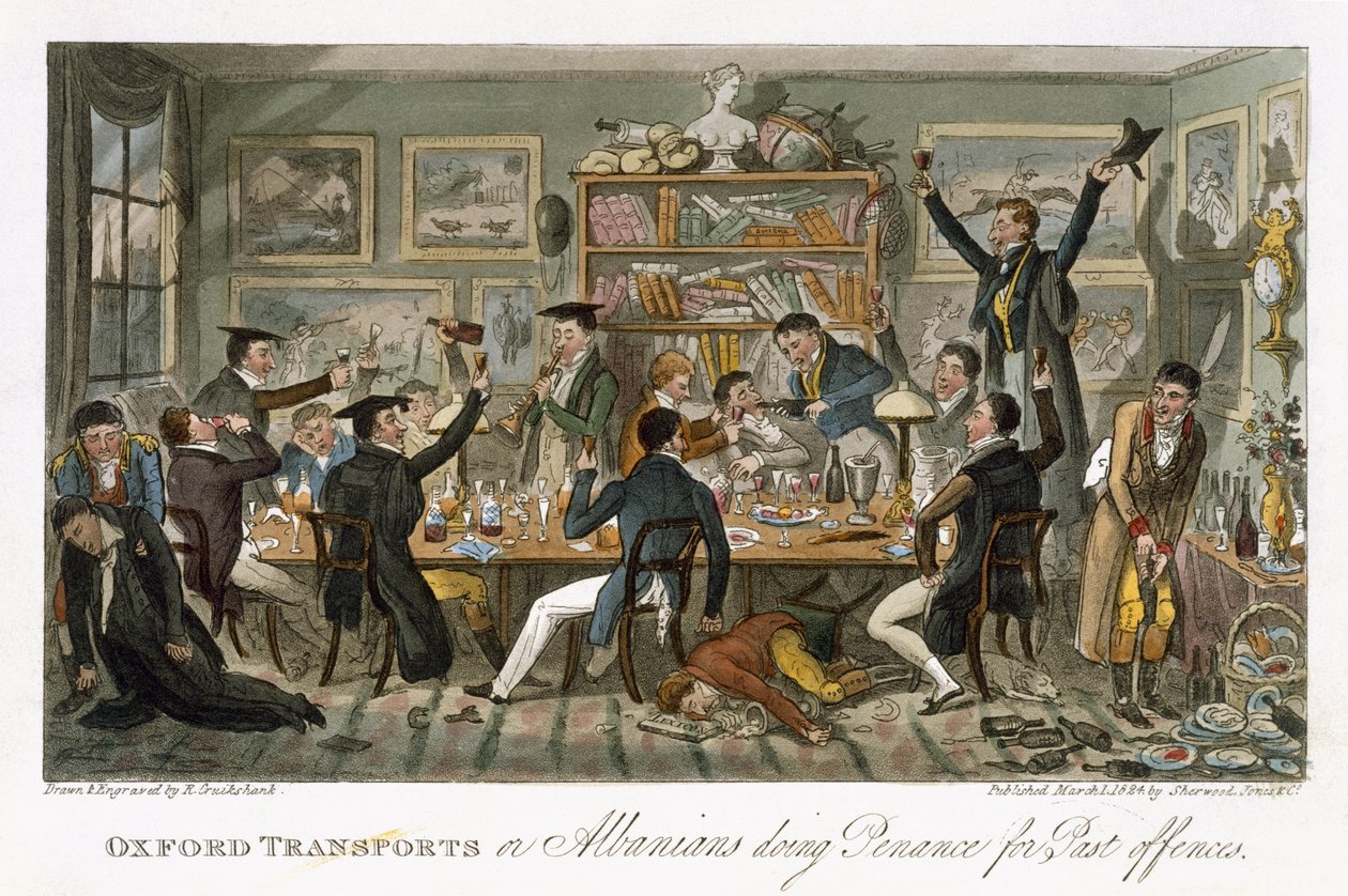Oxford Transports vagy albánok, akik bűnbánatot hajtanak végre a múltban elkövetett bűncselekményekért, Charles Molloy Westmacott (1788-1868) „Az angol kém” című könyvéből, London, 1825 alkotó: Isaac Robert Cruikshank