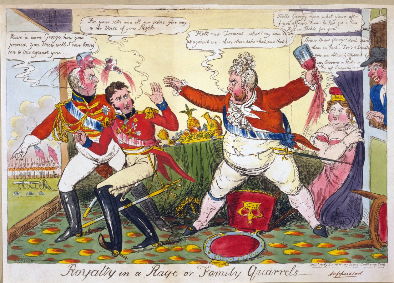 Jogdíj dühben vagy családi veszekedések, kocsma. London, 1820. július 23. (kézzel színezett metszet) alkotó: Isaac Robert Cruikshank