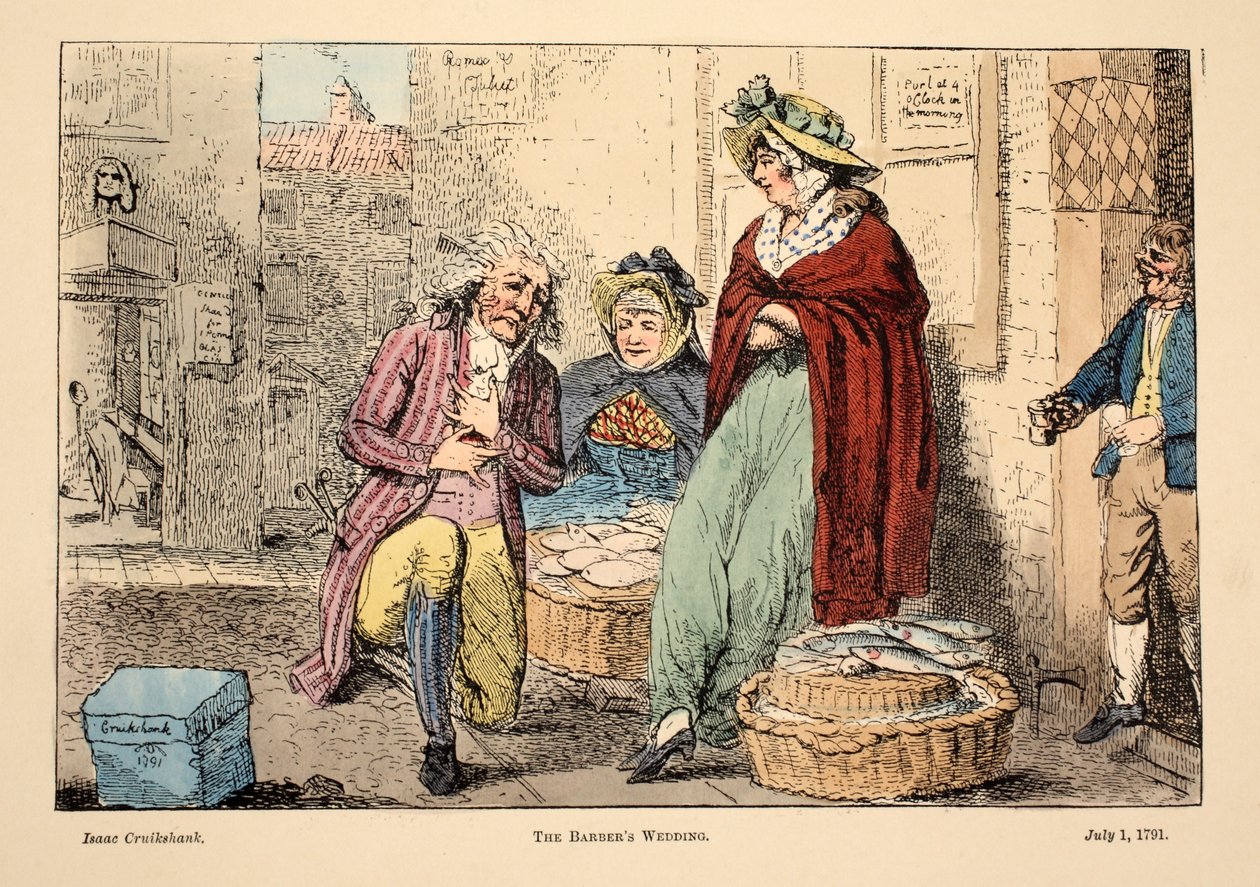 A borbélyok esküvője, kocsma. 1791 (kézzel színezett metszet) alkotó: Isaac Robert Cruikshank