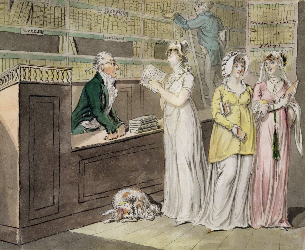 A cirkulációs könyvtár (toll és tinta, WC és mosás szőtt papíron) alkotó: Isaac Robert Cruikshank